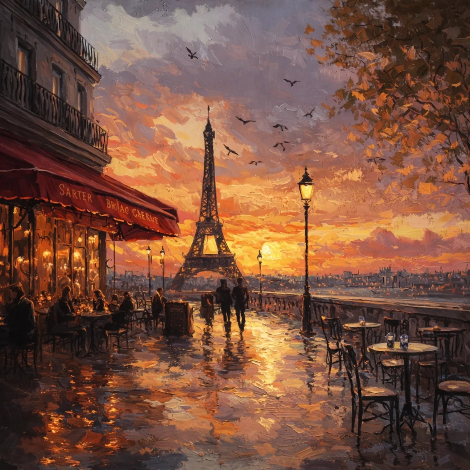 Impressionist oil painting of a Paris street cafe at sunset with the Eiffel Tower in the background, featuring warm orange, red, and golden light.