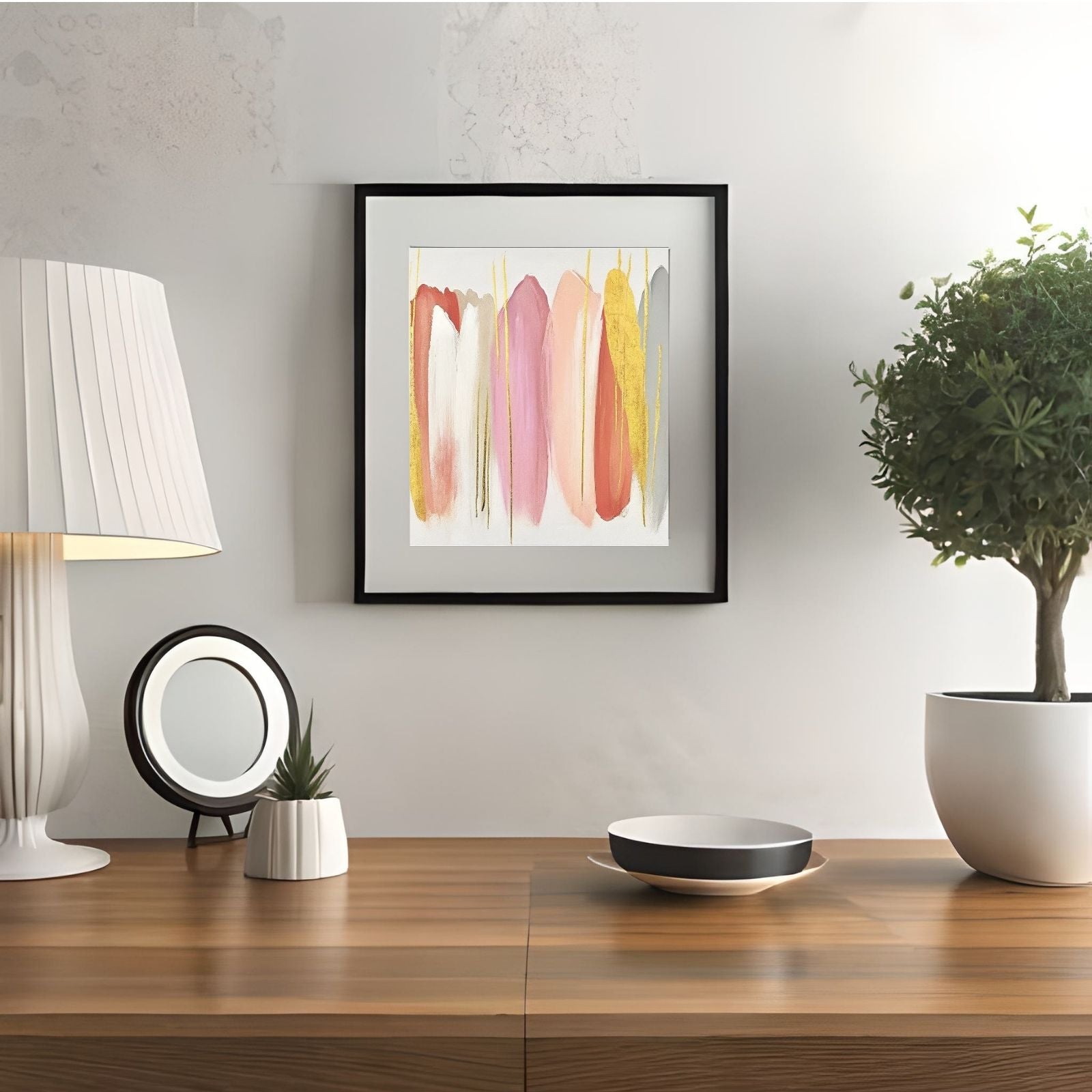 A modern abstract botanical painting featuring vertical brushstrokes in pink, orange, and grey with gold leaf metallic drips on a white background.