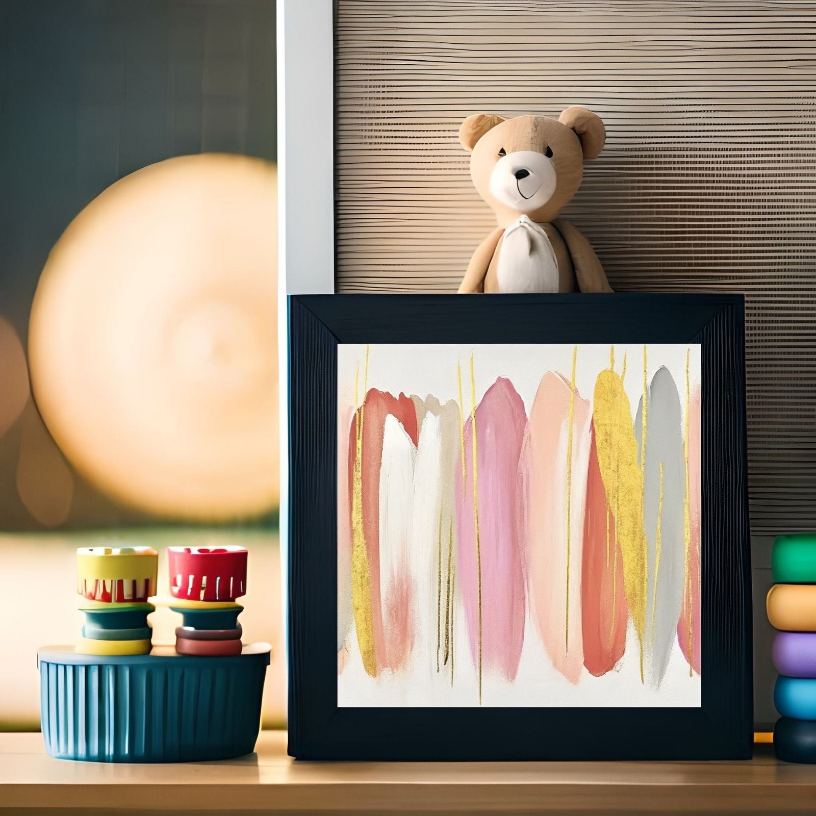 A modern abstract botanical painting featuring vertical brushstrokes in pink, orange, and grey with gold leaf metallic drips on a white background.