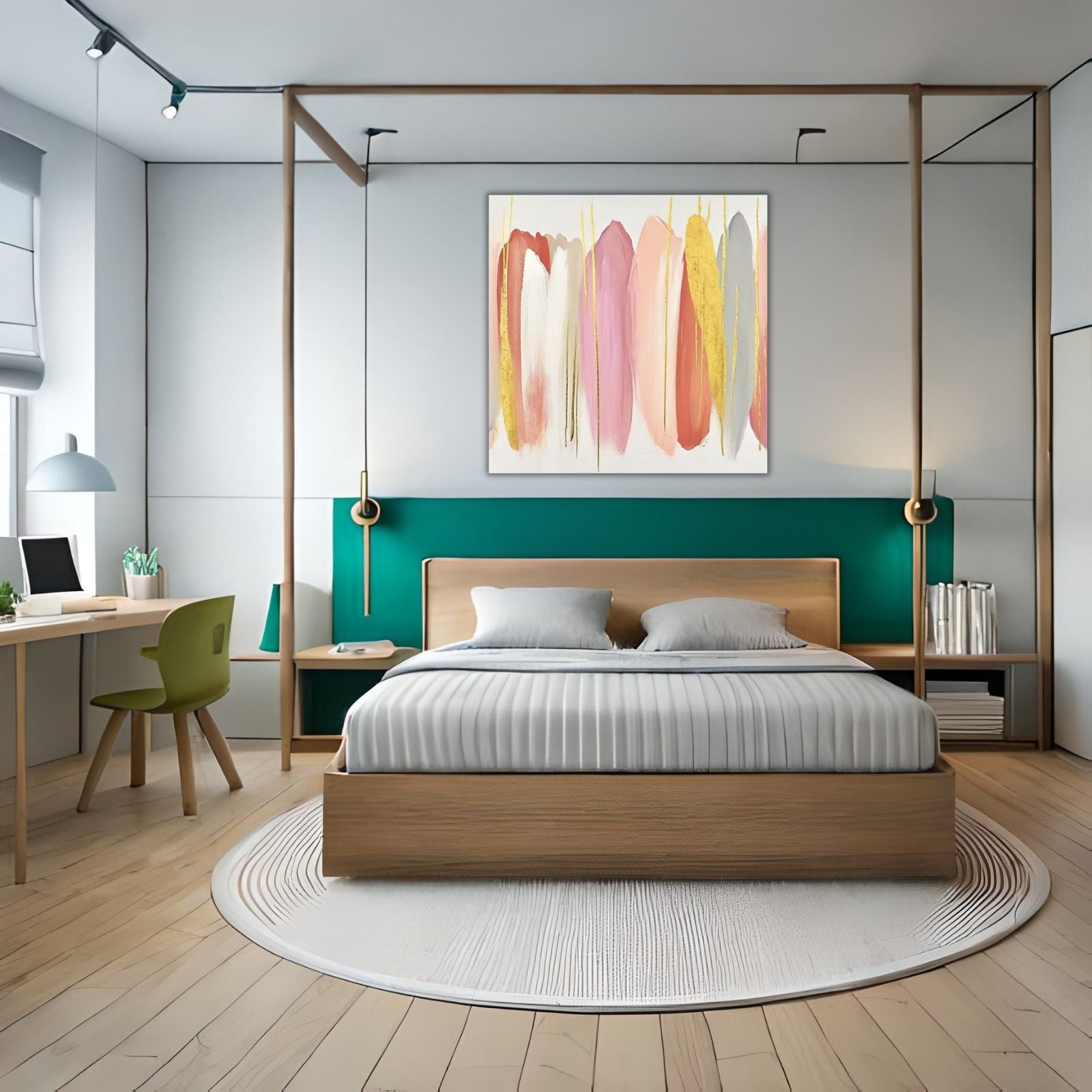 A modern abstract botanical painting featuring vertical brushstrokes in pink, orange, and grey with gold leaf metallic drips on a white background.