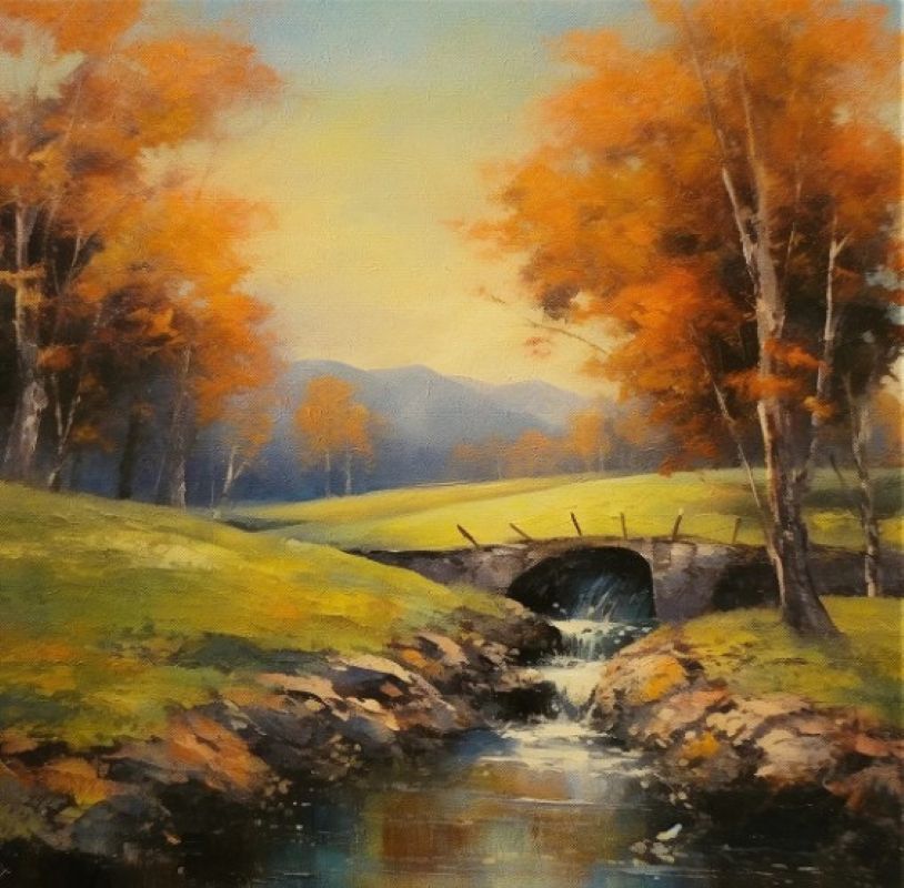Peaceful Autumn Retreat: Stream Under a Rustic Bridge