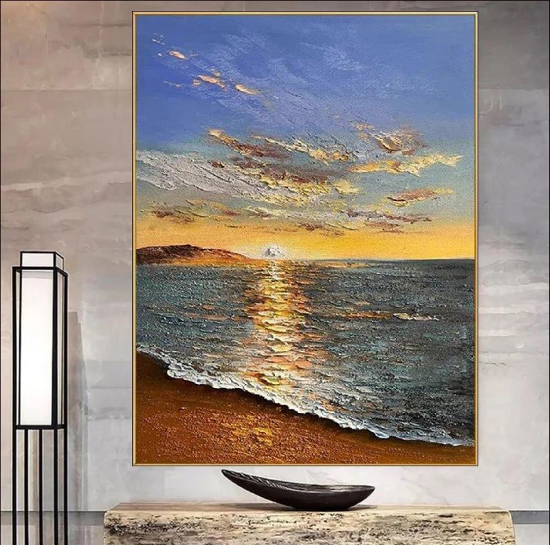Handmade textured oil painting of a peaceful beach sunset with golden reflections on the ocean waves. A serene seascape artwork perfect for coastal decor