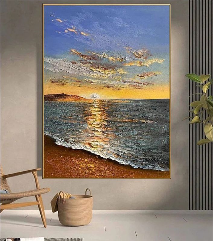 Handmade textured oil painting of a peaceful beach sunset with golden reflections on the ocean waves. A serene seascape artwork perfect for coastal decor