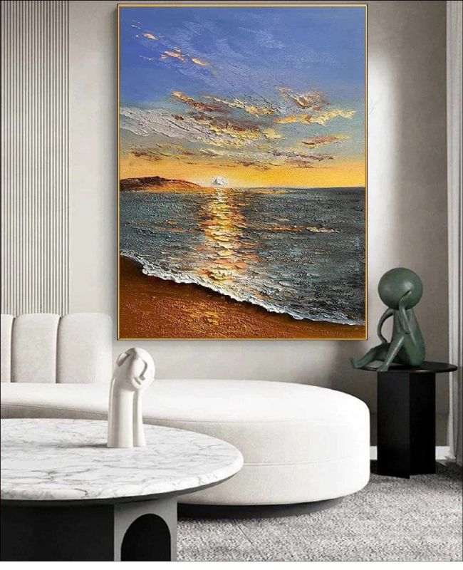 Handmade textured oil painting of a peaceful beach sunset with golden reflections on the ocean waves. A serene seascape artwork perfect for coastal decor