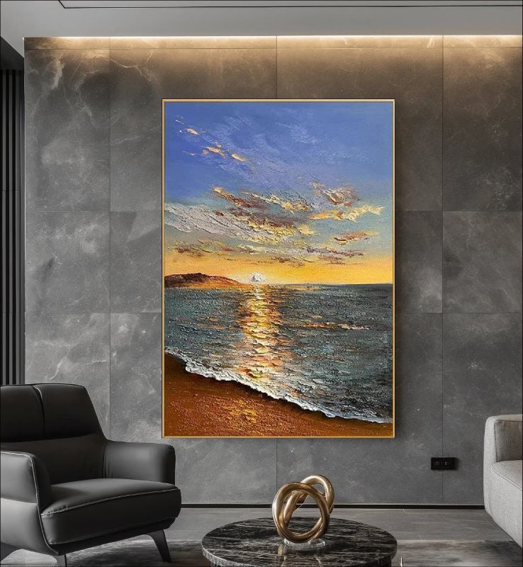 Handmade textured oil painting of a peaceful beach sunset with golden reflections on the ocean waves. A serene seascape artwork perfect for coastal decor