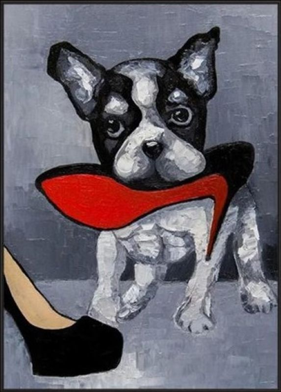 French Bulldog canvas art – handmade dog painting holding red high heel, funny pet wall decor print for dog moms and home interiors.