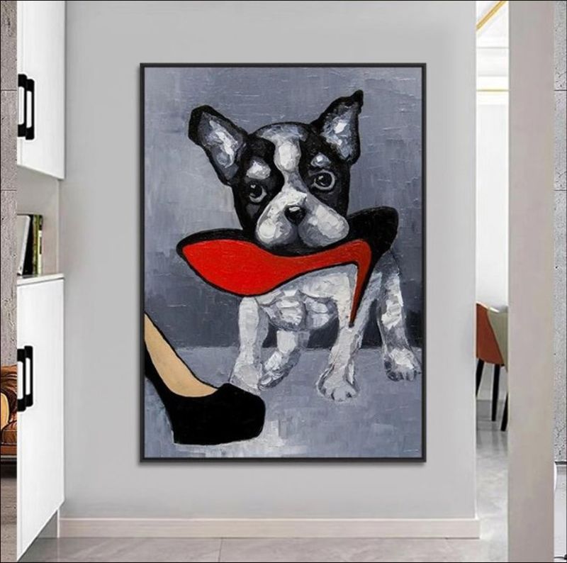French Bulldog canvas art – handmade dog painting holding red high heel, funny pet wall decor print for dog moms and home interiors.