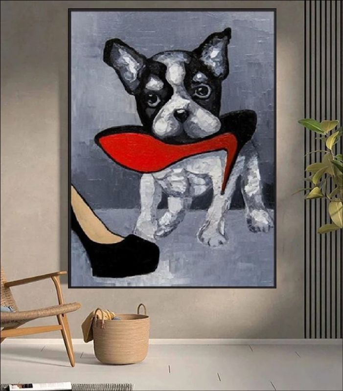 French Bulldog canvas art – handmade dog painting holding red high heel, funny pet wall decor print for dog moms and home interiors.