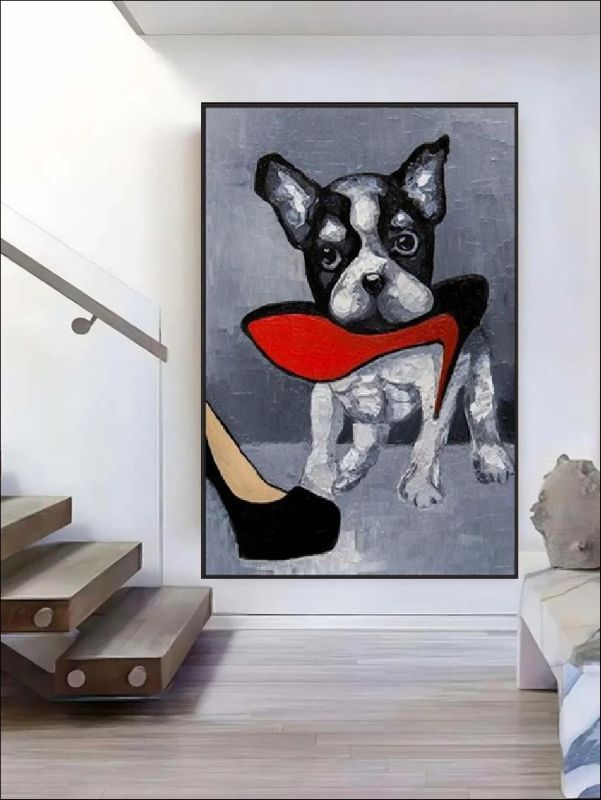 French Bulldog canvas art – handmade dog painting holding red high heel, funny pet wall decor print for dog moms and home interiors.