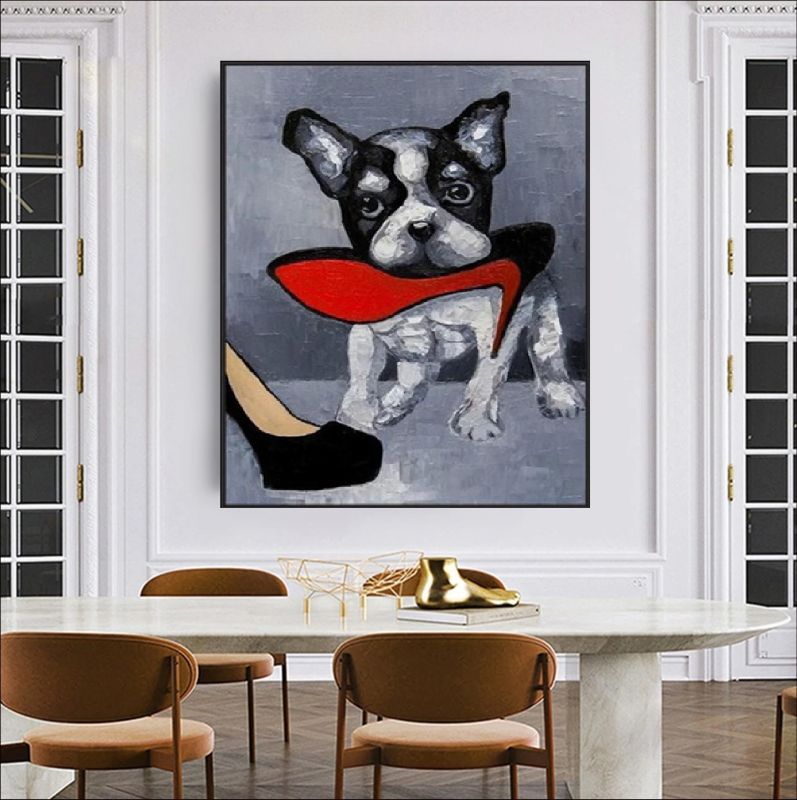 French Bulldog canvas art – handmade dog painting holding red high heel, funny pet wall decor print for dog moms and home interiors.