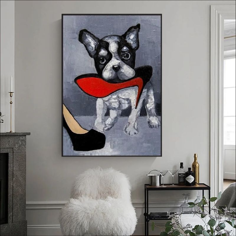 French Bulldog canvas art – handmade dog painting holding red high heel, funny pet wall decor print for dog moms and home interiors.