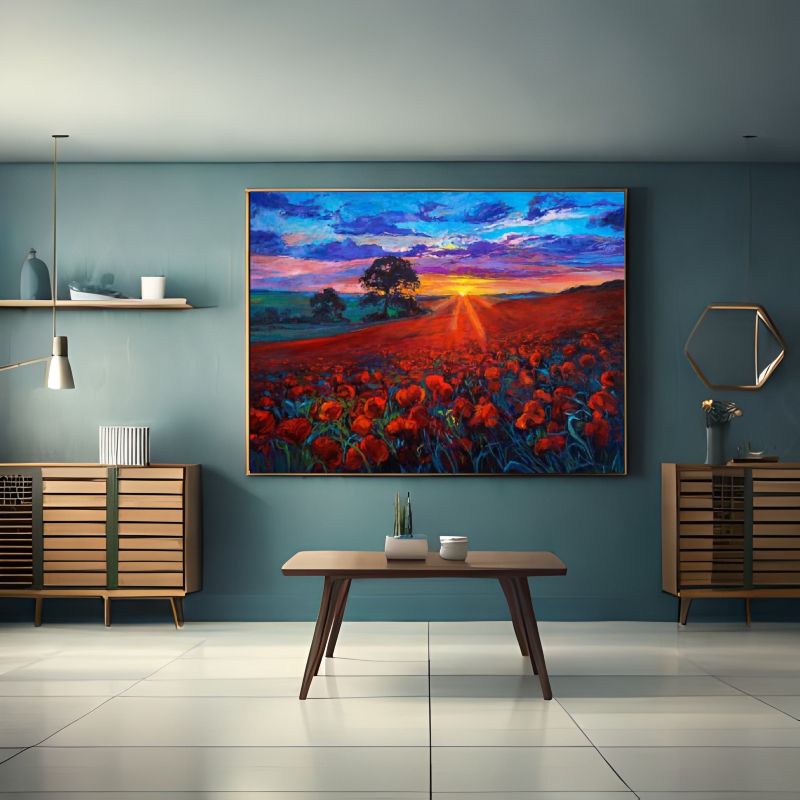 Vibrant sunset over a blooming red poppy field with dramatic skies — perfect for floral landscape wall art and nature-inspired home decor.