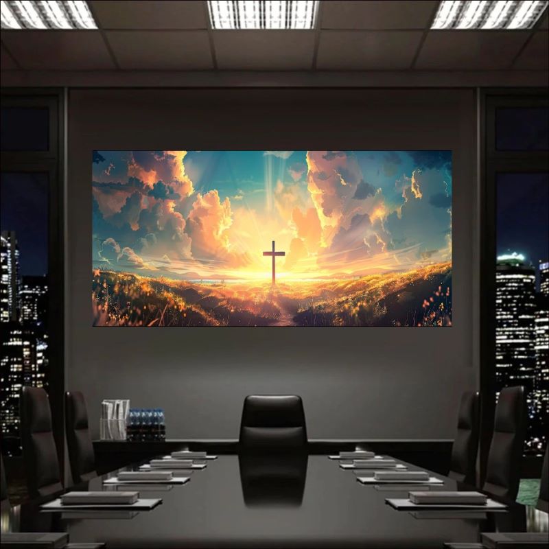 Painting of a silhouette Christian cross standing in a field against a dramatic sunrise with golden clouds and beams of light, spiritual landscape art.