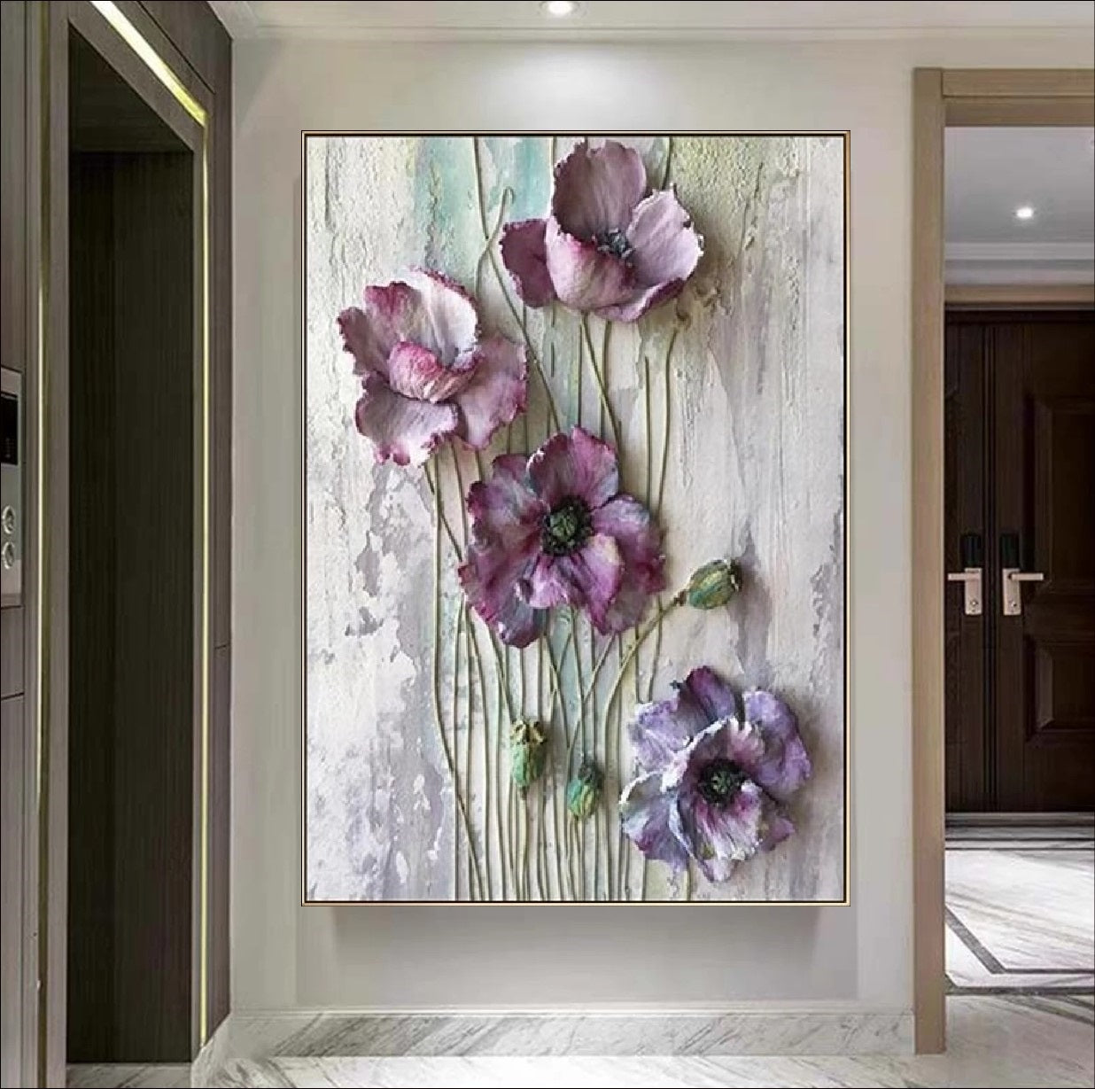 Dreamy textured floral painting with lavender and blush tones – available as a handmade canvas or fine art print for romantic and modern interiors.