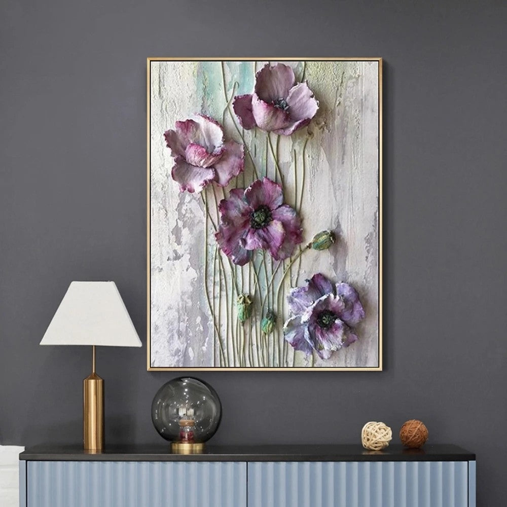 Dreamy textured floral painting with lavender and blush tones – available as a handmade canvas or fine art print for romantic and modern interiors.