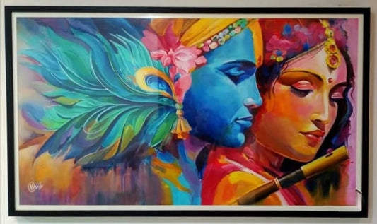 Radha Krishna Painting with Peacock Feather