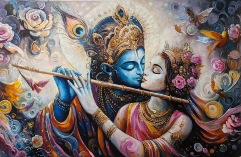 Dreamy painting of Radha and Krishna embracing while Krishna plays the flute, surrounded by swirling pastel flowers and soft light, spiritual Hindu art.