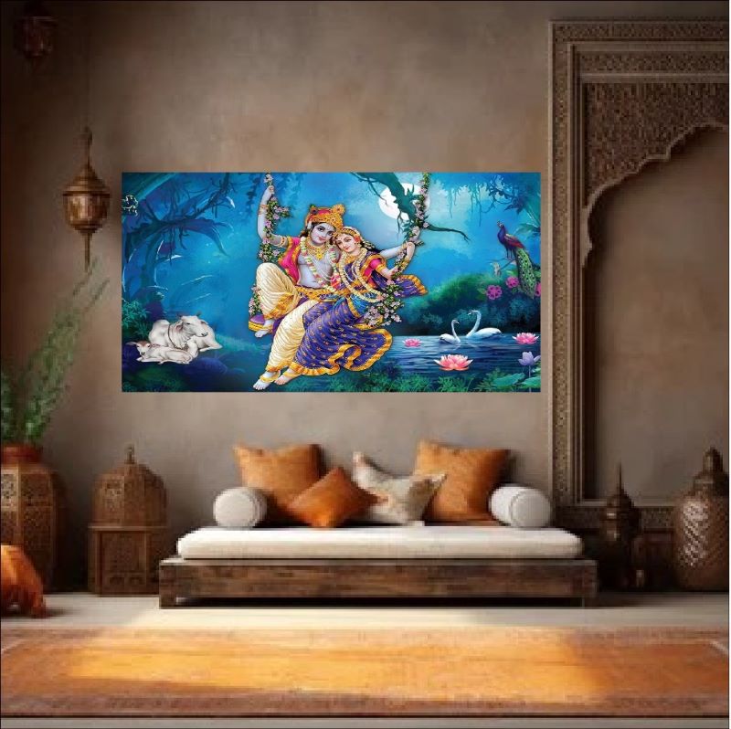 Vibrant painting of Radha and Krishna sitting on a swing surrounded by nature, including a cow, peacock, and swans in a moonlit blue forest, traditional Indian art.