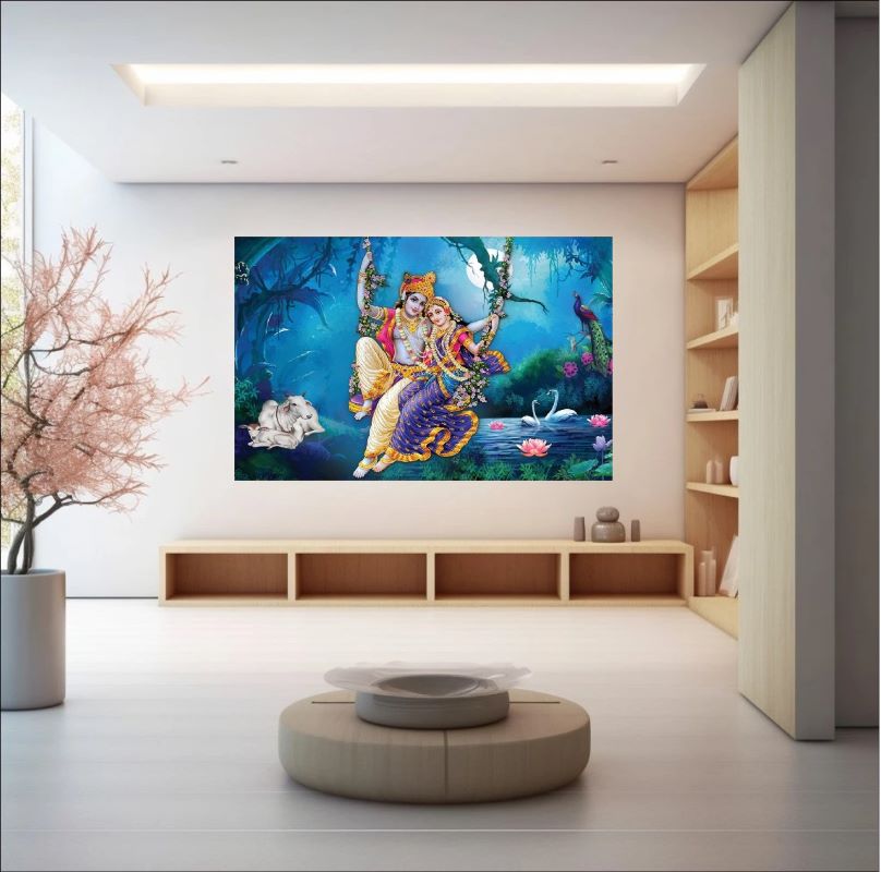 Vibrant painting of Radha and Krishna sitting on a swing surrounded by nature, including a cow, peacock, and swans in a moonlit blue forest, traditional Indian art.