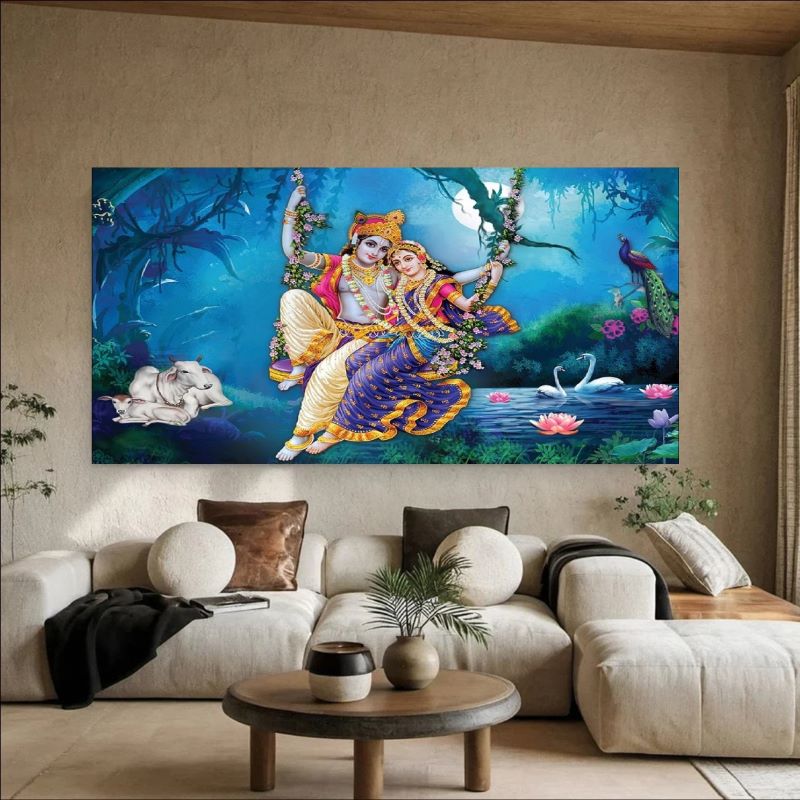 Vibrant painting of Radha and Krishna sitting on a swing surrounded by nature, including a cow, peacock, and swans in a moonlit blue forest, traditional Indian art.