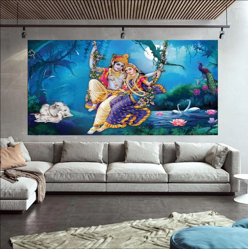 Vibrant painting of Radha and Krishna sitting on a swing surrounded by nature, including a cow, peacock, and swans in a moonlit blue forest, traditional Indian art.