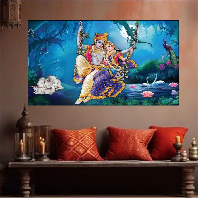 Vibrant painting of Radha and Krishna sitting on a swing surrounded by nature, including a cow, peacock, and swans in a moonlit blue forest, traditional Indian art.