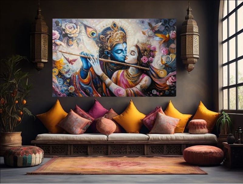 Dreamy painting of Radha and Krishna embracing while Krishna plays the flute, surrounded by swirling pastel flowers and soft light, spiritual Hindu art.