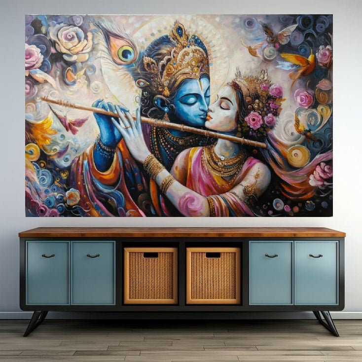 Dreamy painting of Radha and Krishna embracing while Krishna plays the flute, surrounded by swirling pastel flowers and soft light, spiritual Hindu art.