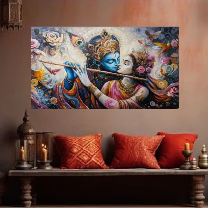Dreamy painting of Radha and Krishna embracing while Krishna plays the flute, surrounded by swirling pastel flowers and soft light, spiritual Hindu art.