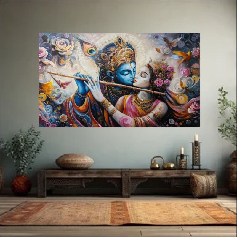 Dreamy painting of Radha and Krishna embracing while Krishna plays the flute, surrounded by swirling pastel flowers and soft light, spiritual Hindu art.