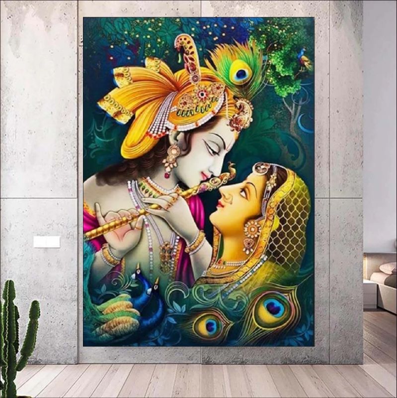 Vibrant traditional painting of Radha and Krishna looking into each other's eyes, Krishna holding a flute and wearing a peacock feather crown, spiritual Indian art.