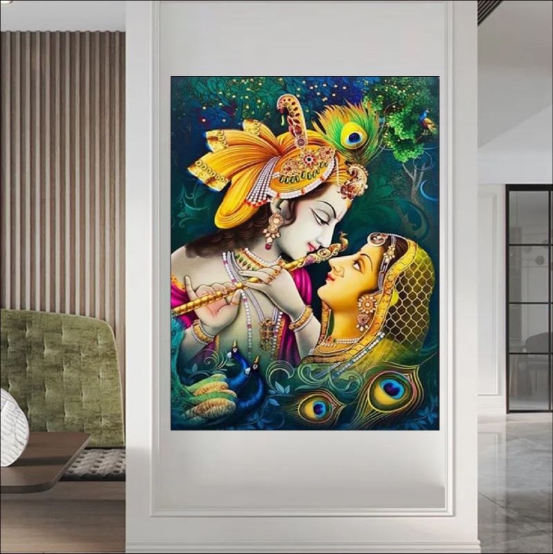 Vibrant traditional painting of Radha and Krishna looking into each other's eyes, Krishna holding a flute and wearing a peacock feather crown, spiritual Indian art.