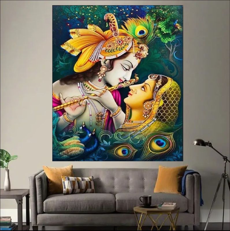 Vibrant traditional painting of Radha and Krishna looking into each other's eyes, Krishna holding a flute and wearing a peacock feather crown, spiritual Indian art.
