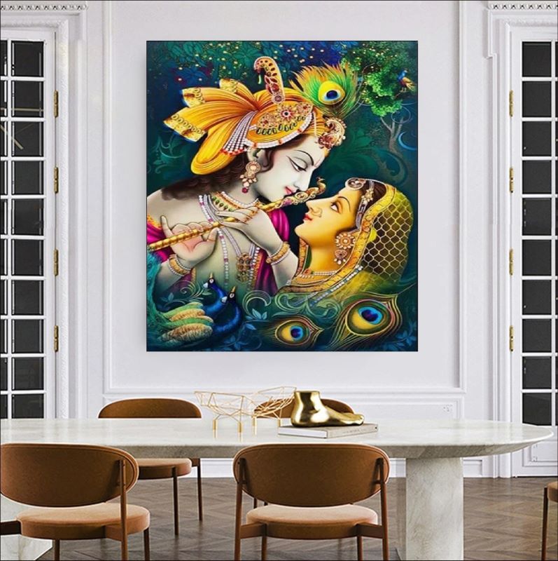 Vibrant traditional painting of Radha and Krishna looking into each other's eyes, Krishna holding a flute and wearing a peacock feather crown, spiritual Indian art.