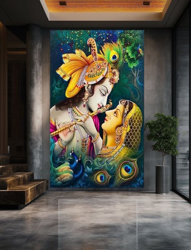Vibrant traditional painting of Radha and Krishna looking into each other's eyes, Krishna holding a flute and wearing a peacock feather crown, spiritual Indian art.