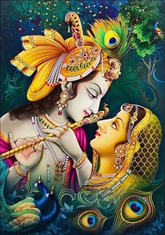 Vibrant traditional painting of Radha and Krishna looking into each other's eyes, Krishna holding a flute and wearing a peacock feather crown, spiritual Indian art.
