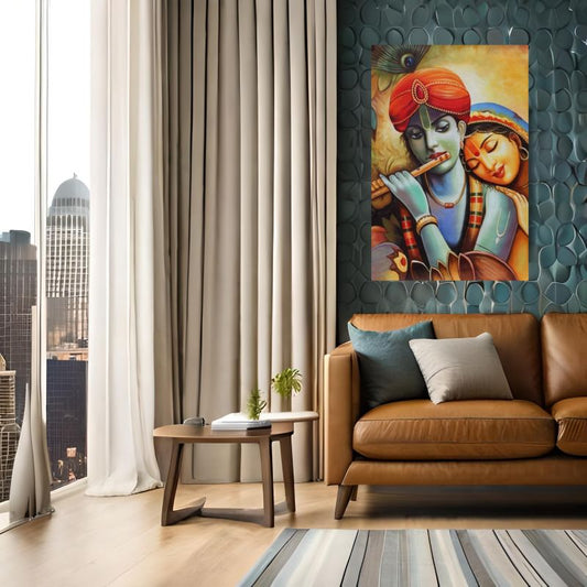 Modern living room with a painting of Radha and Krishna on the wall, a brown sofa, and cityscape view.