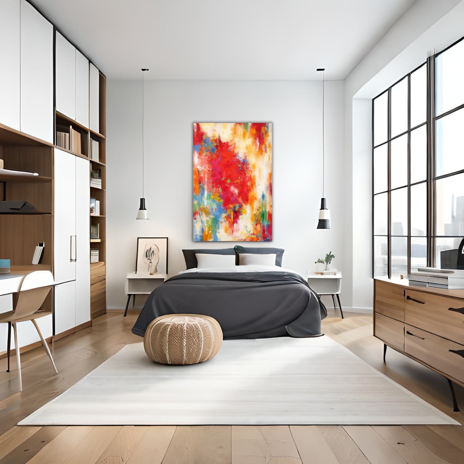 Large vertical abstract painting with a dominant central burst of textured red paint surrounded by yellow, orange, and blue brushstrokes on a white background.