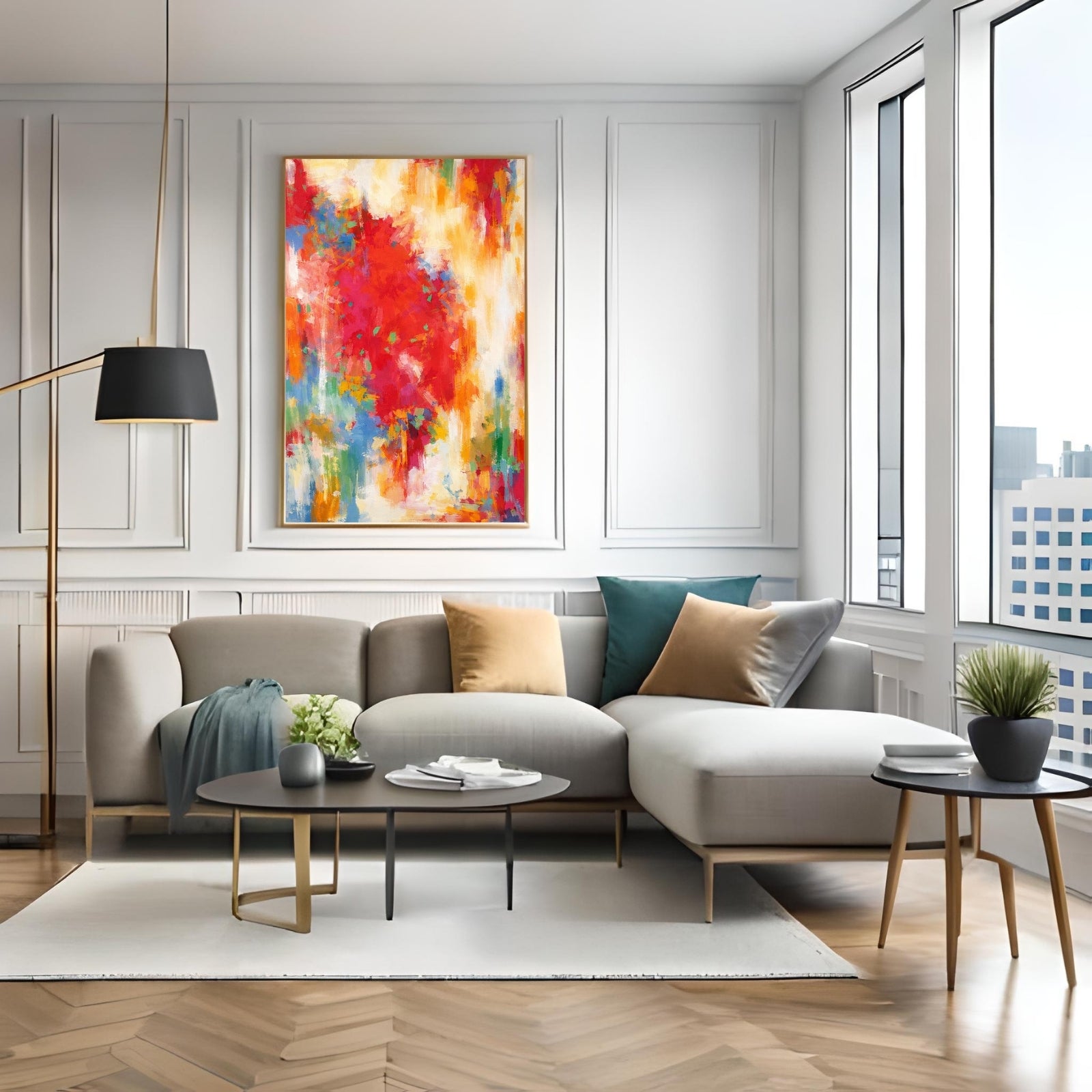 Large vertical abstract painting with a dominant central burst of textured red paint surrounded by yellow, orange, and blue brushstrokes on a white background.