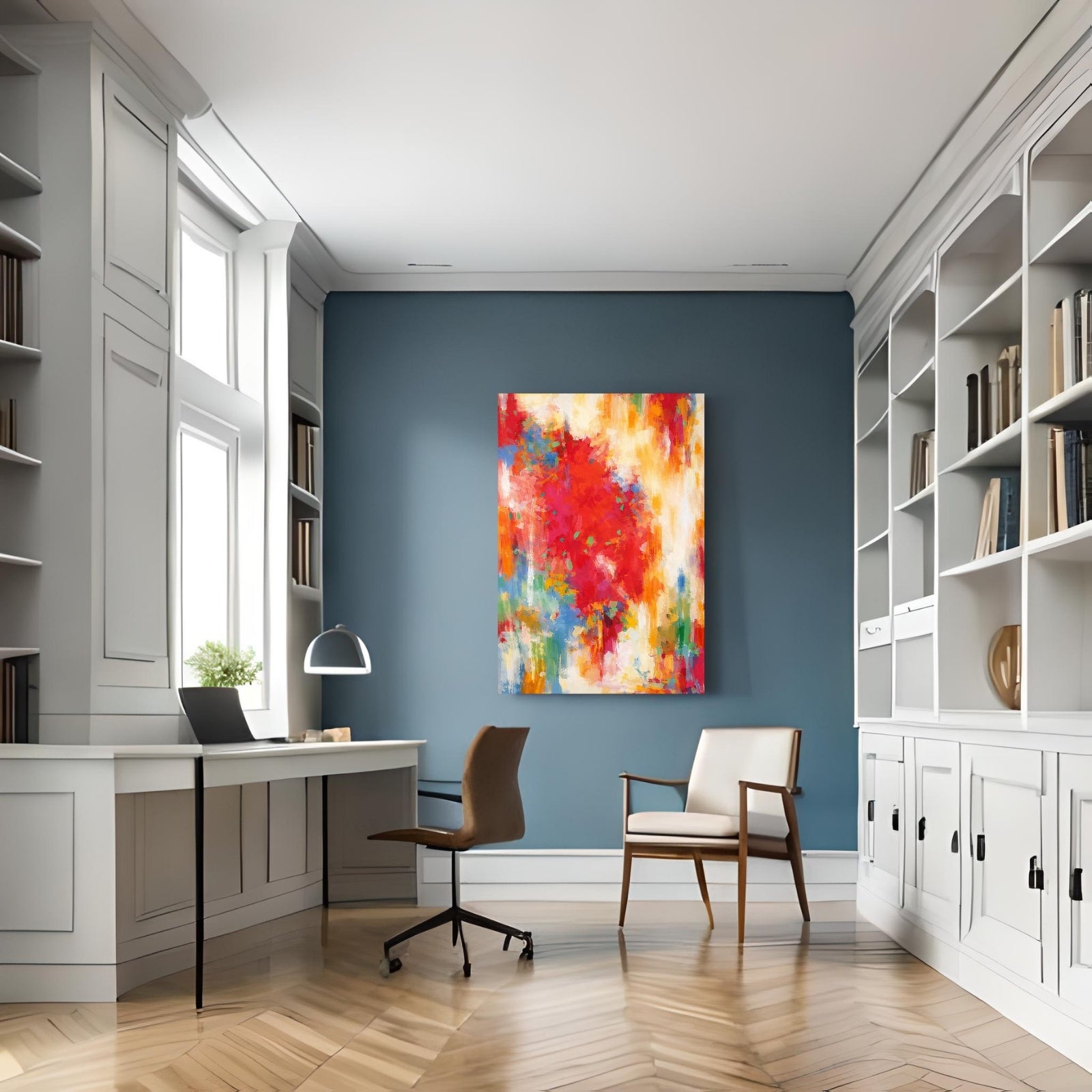Large vertical abstract painting with a dominant central burst of textured red paint surrounded by yellow, orange, and blue brushstrokes on a white background.