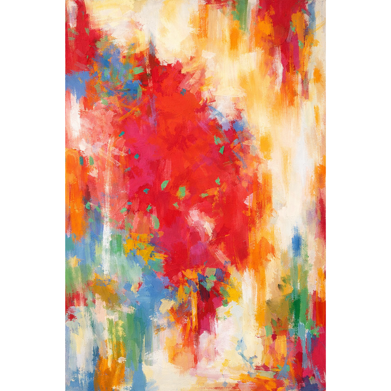 Large vertical abstract painting with a dominant central burst of textured red paint surrounded by yellow, orange, and blue brushstrokes on a white background.