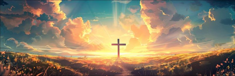 Painting of a silhouette Christian cross standing in a field against a dramatic sunrise with golden clouds and beams of light, spiritual landscape art.