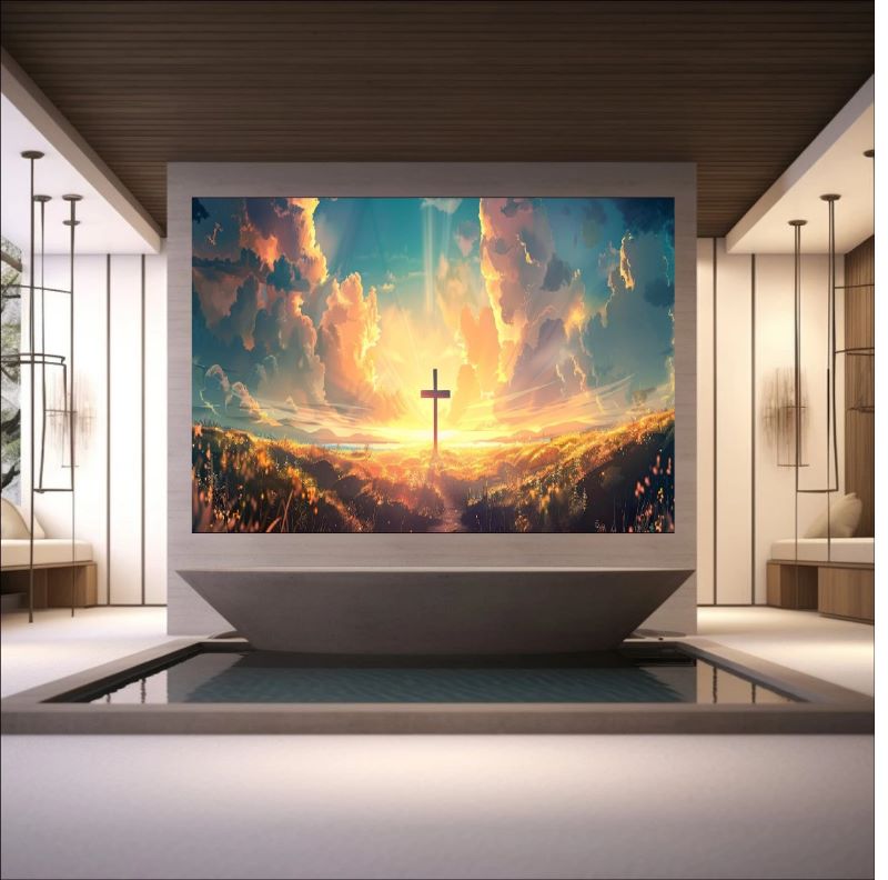 Painting of a silhouette Christian cross standing in a field against a dramatic sunrise with golden clouds and beams of light, spiritual landscape art.