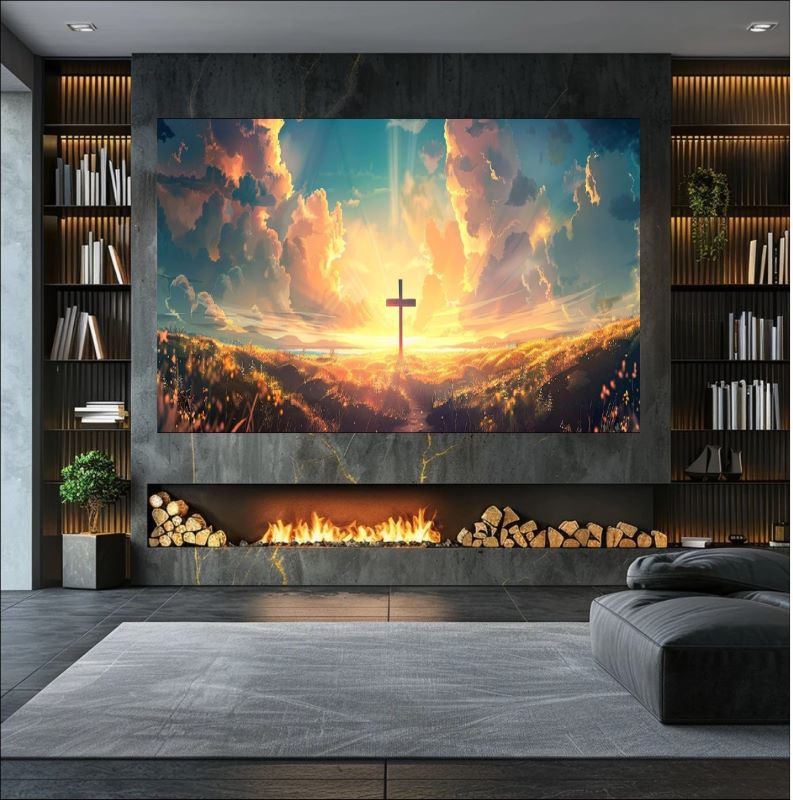 Painting of a silhouette Christian cross standing in a field against a dramatic sunrise with golden clouds and beams of light, spiritual landscape art.