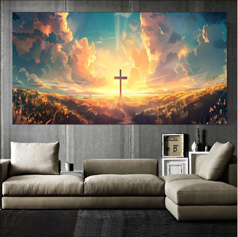 Painting of a silhouette Christian cross standing in a field against a dramatic sunrise with golden clouds and beams of light, spiritual landscape art.