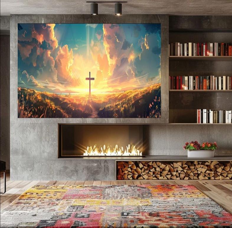 Painting of a silhouette Christian cross standing in a field against a dramatic sunrise with golden clouds and beams of light, spiritual landscape art.