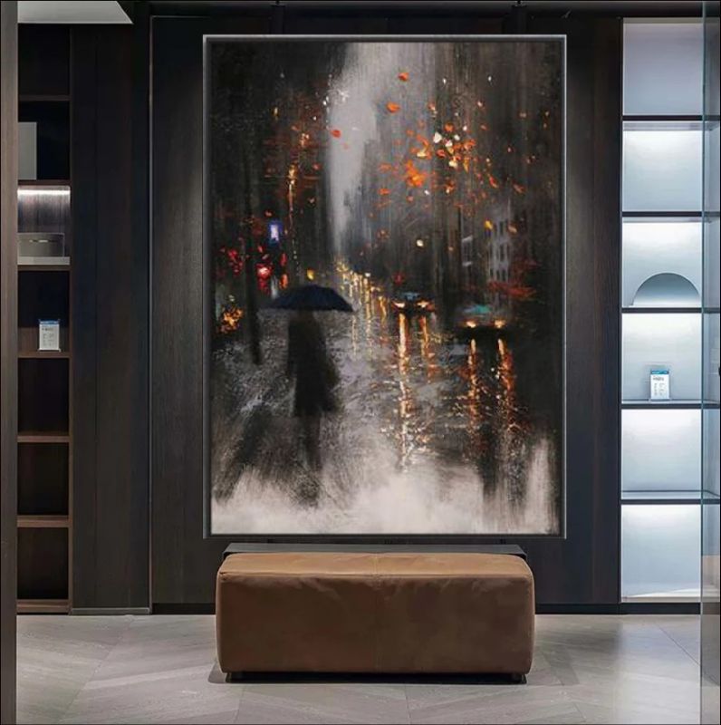 Handmade rainy night canvas painting with glowing city lights and serene urban reflections, perfect for modern decor