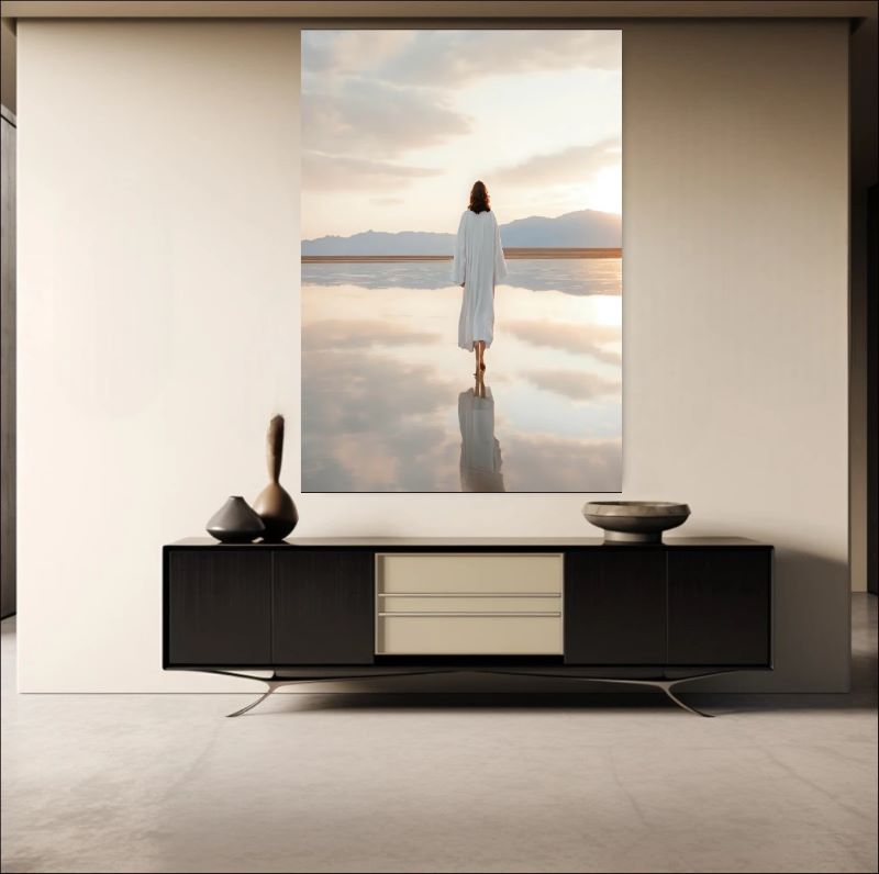Painting of a figure in white robes walking on a reflective water surface under a soft pastel sky, spiritual Christian wall art style.
