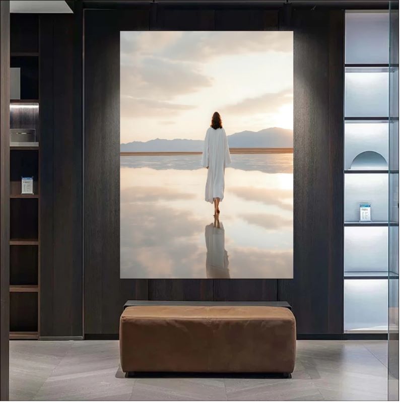 Painting of a figure in white robes walking on a reflective water surface under a soft pastel sky, spiritual Christian wall art style.