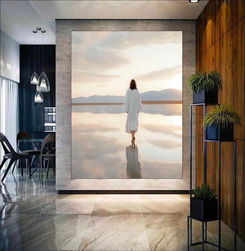 Painting of a figure in white robes walking on a reflective water surface under a soft pastel sky, spiritual Christian wall art style.